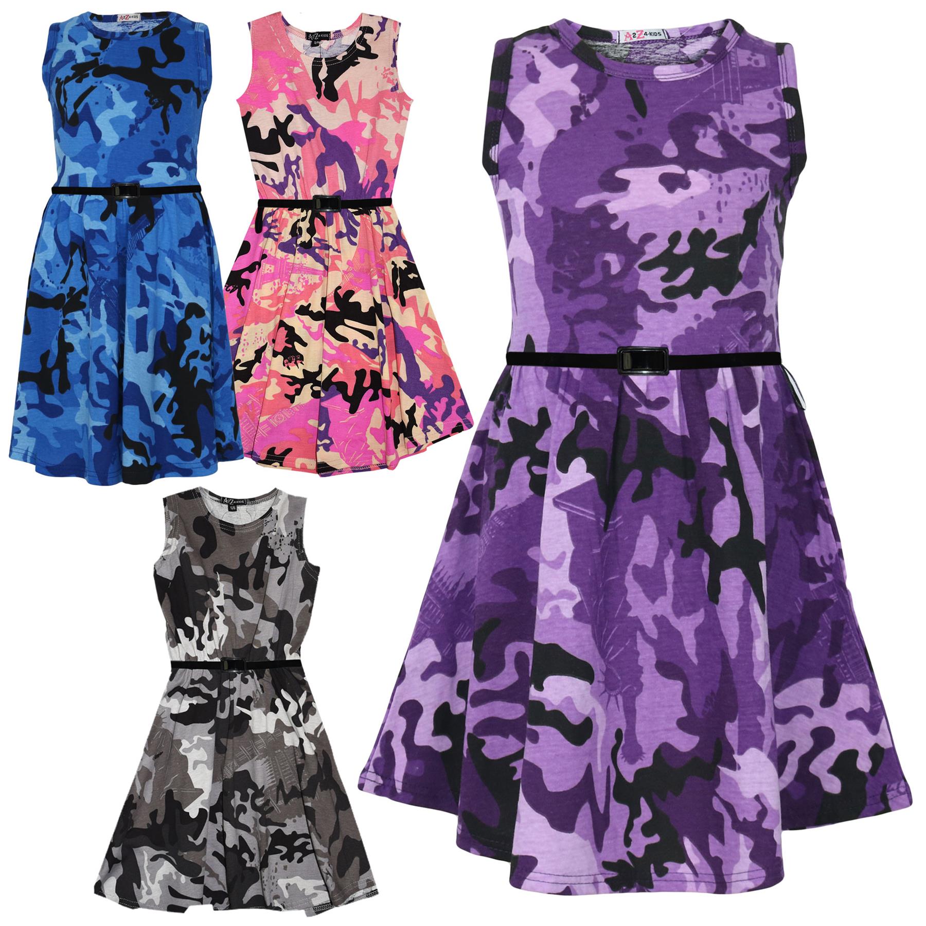 Girls Skater Dress Kids Camouflage Summer Casual Party Dress 5-13 Years