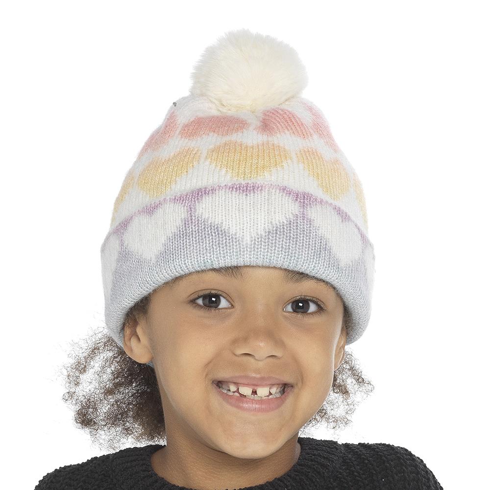 Kids Girls Ombre Hearts Beanie Knit Pom Pom Hats Soft Fleece Winter Warm Caps