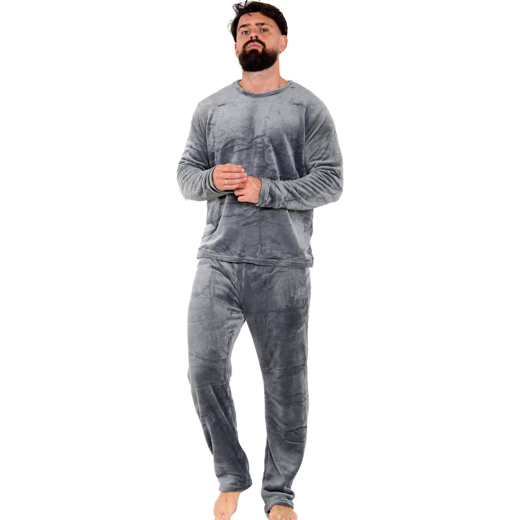 Mens Pyjamas Set Long Sleeve Crew Neck Plain Soft Fleece Pyjamas Set