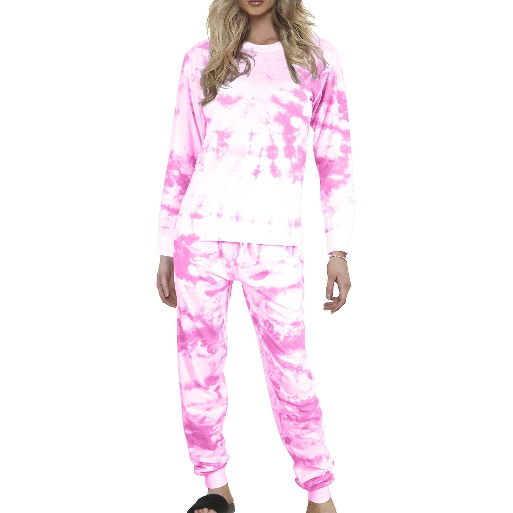 Ladies Pyjamas Tie Dye Print Pink Long Sleeves Top Bottom Lounge Suit For Women