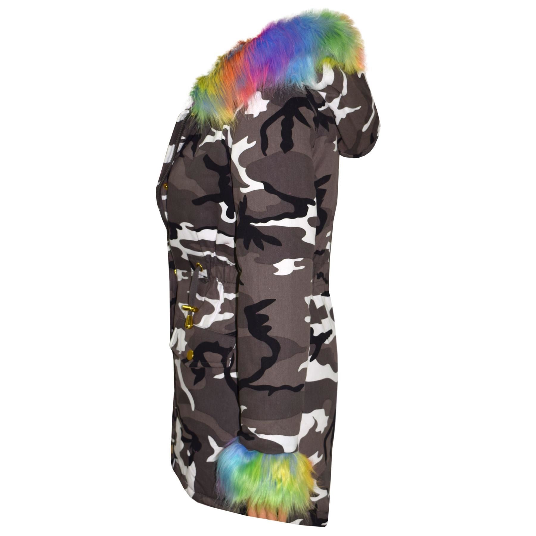 Kids Girls Hooded Jacket Rainbow Faux Fur Parka School Jackets Outerwear