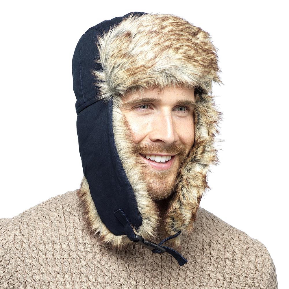 A2Z Mens Trapper Hat Faux Fur Trim Ear Flaps Hats Adjustable Clip Fastening Caps