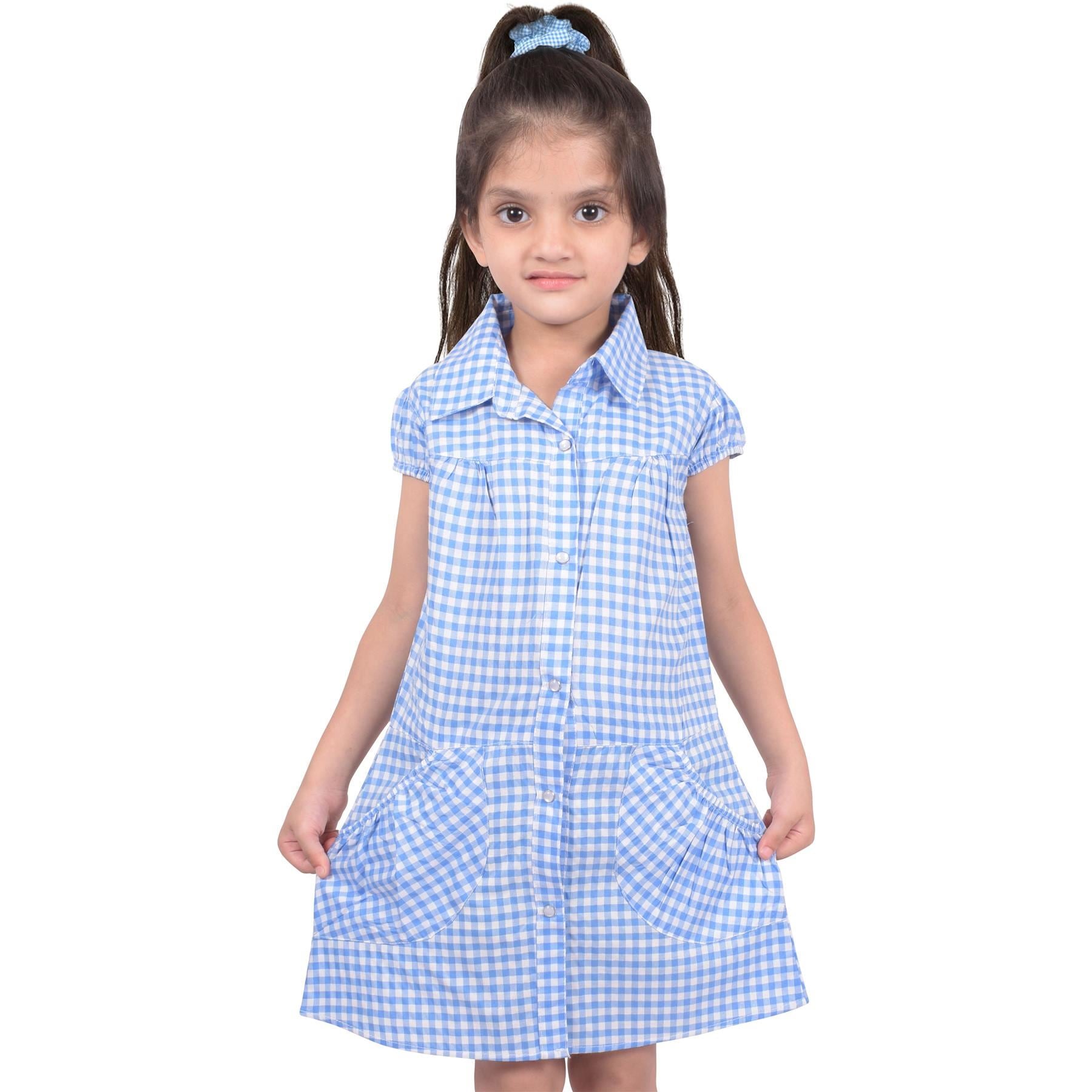 Kids Girls Gingham School Dress Check Printed Dresses With Matching Scrunchies