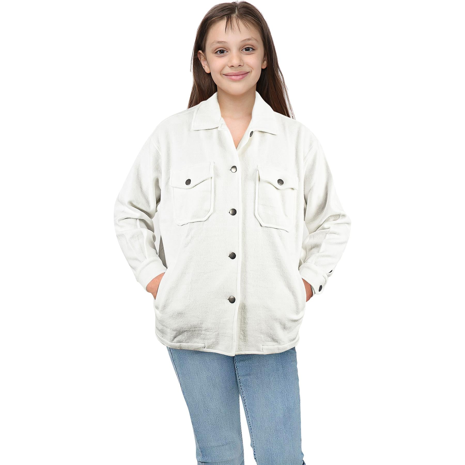 Kids Girls Plain Cream Color Jackets Tunic Fleece Collared Fashion Coat 7-13 Yrs