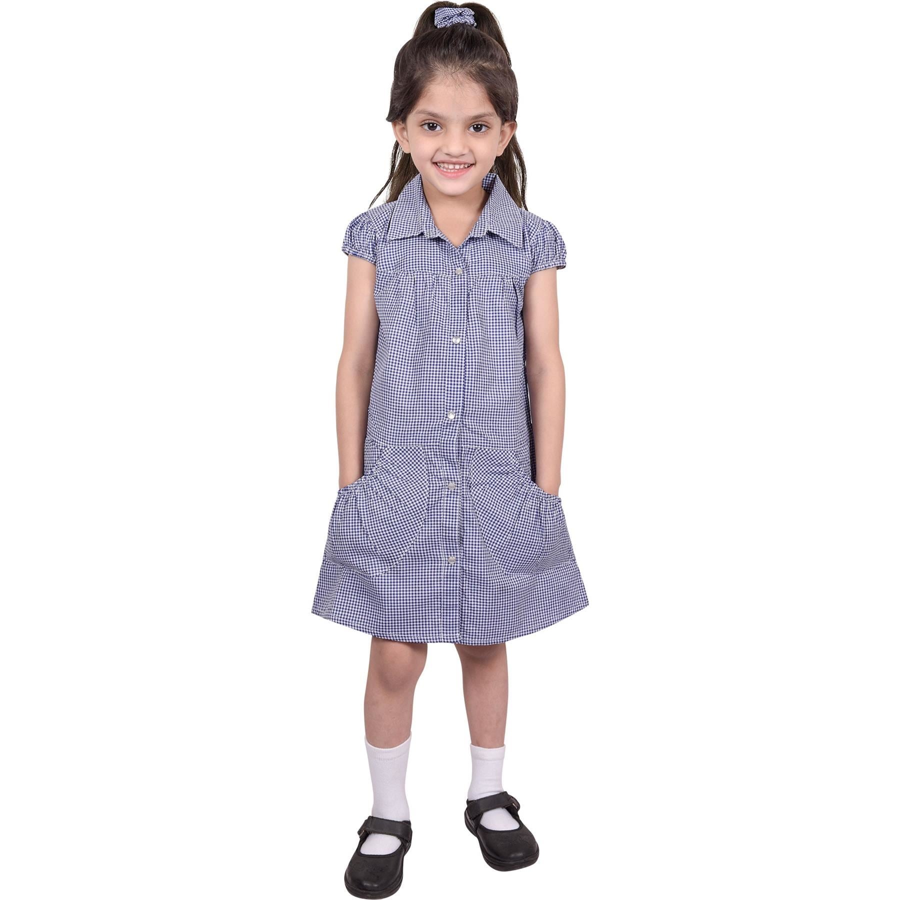 Girls Uniform School Dress Gingham Check Printed Dress With Matching Scrunchies