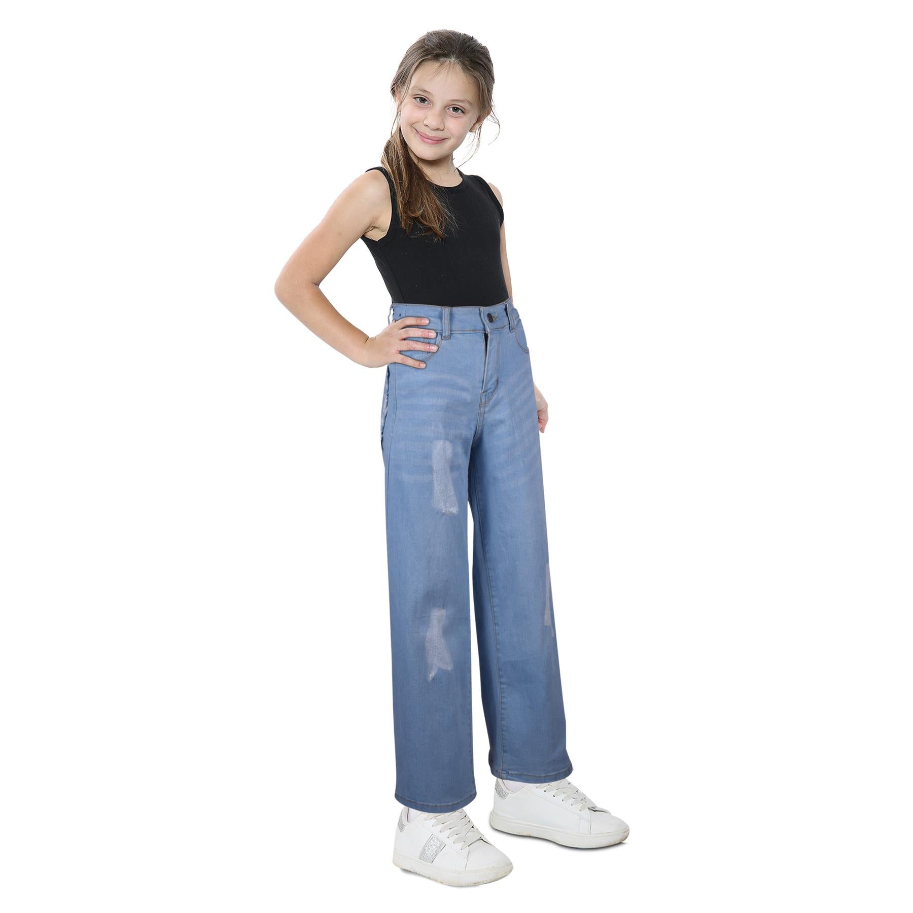 Kids Girls Palazzo Jeans Wide Leg Stretchy Denim Flared Fashion Baggy Pants 5-14