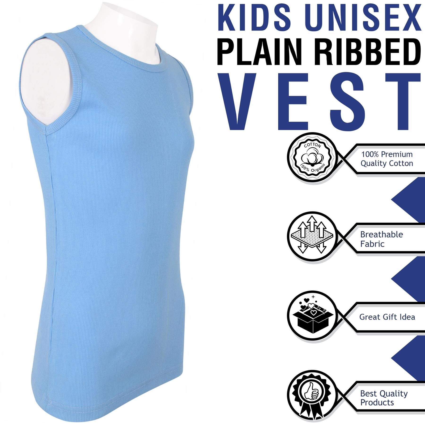 Kids Girls Boys Childrens Vest Top Tank Top Fitted 100% Rich Cotton 2-13 Years