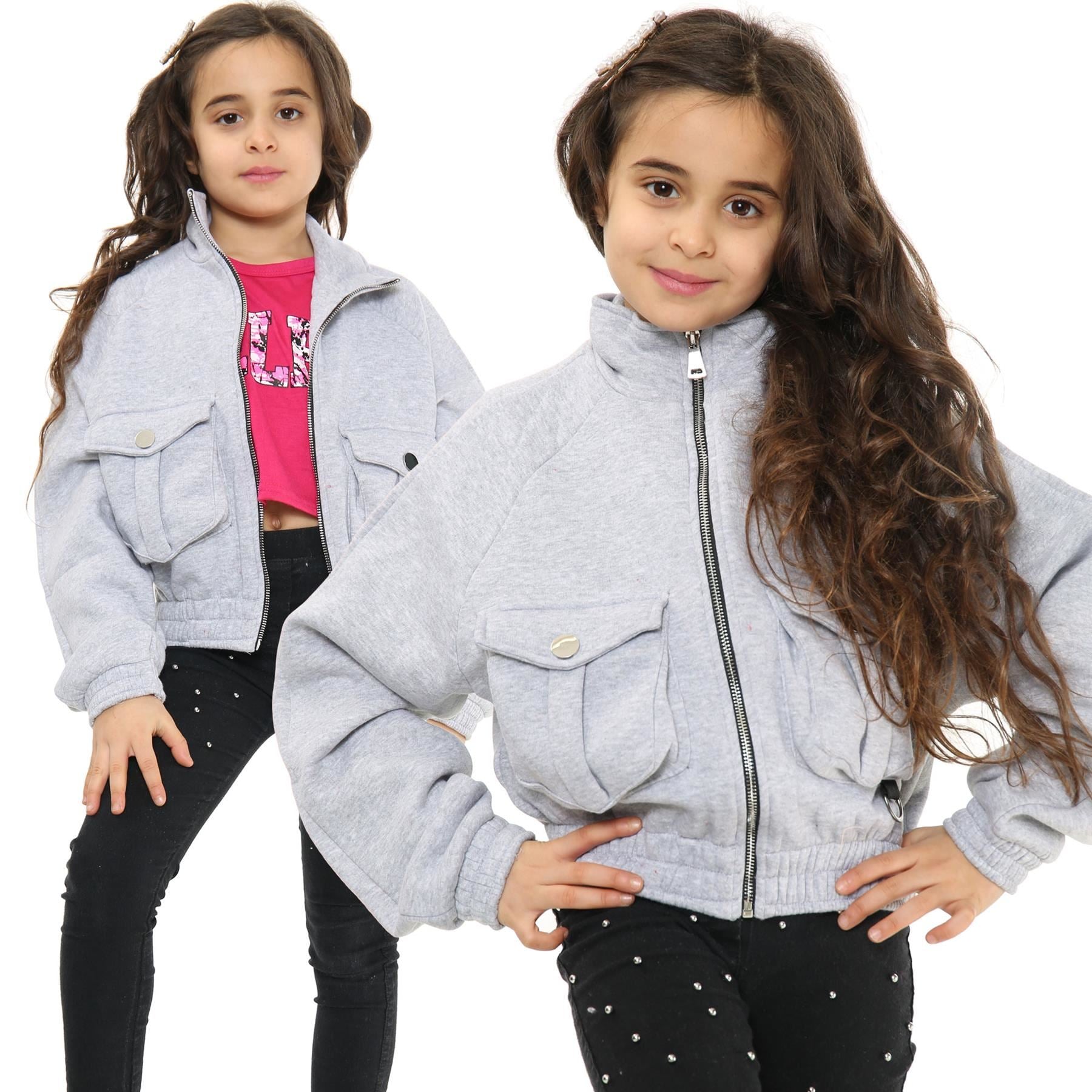 Kids Girls Plain Zip Up Cropped Grey Jackets Utility Pockets Fleece Coats 7-13 Y