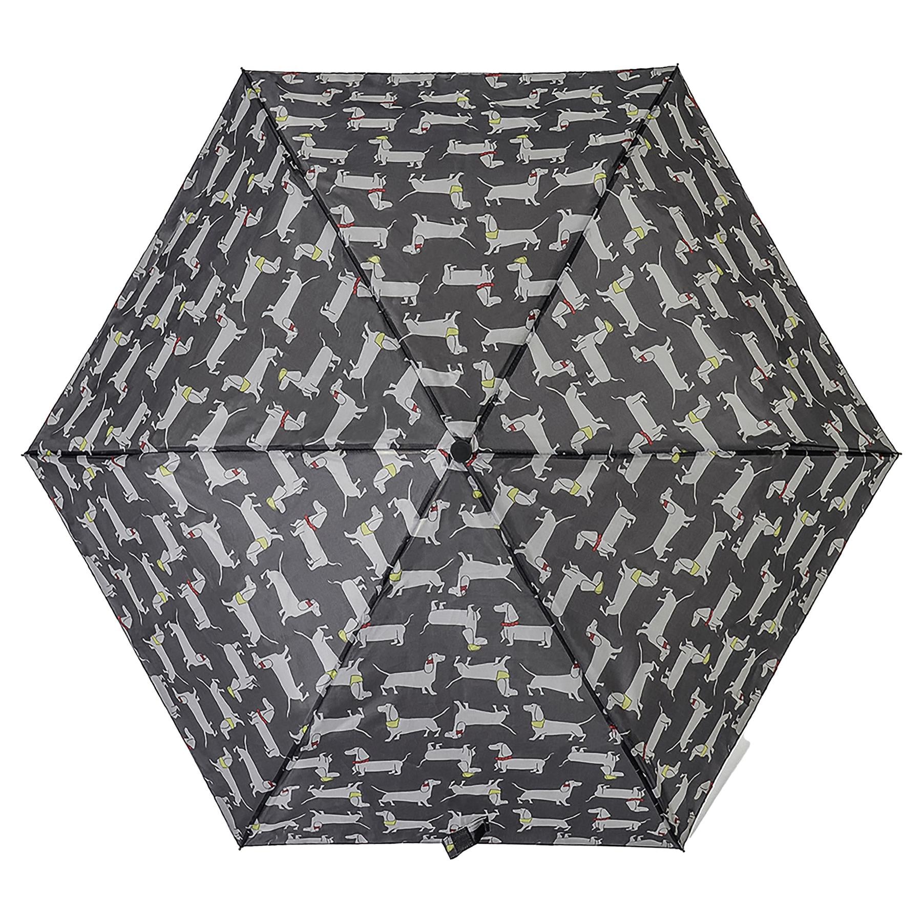 Ladies Supermini Folding Umbrella Sausage Dog AOP Weather Resist Compact Brolly