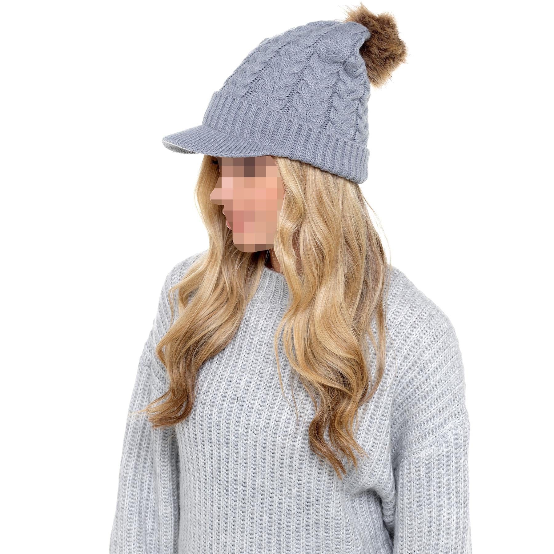 A2Z Ladies Hat Cable Knit Peaked Sherpa Detachable Pom Pom Winter Warm Cozy Caps