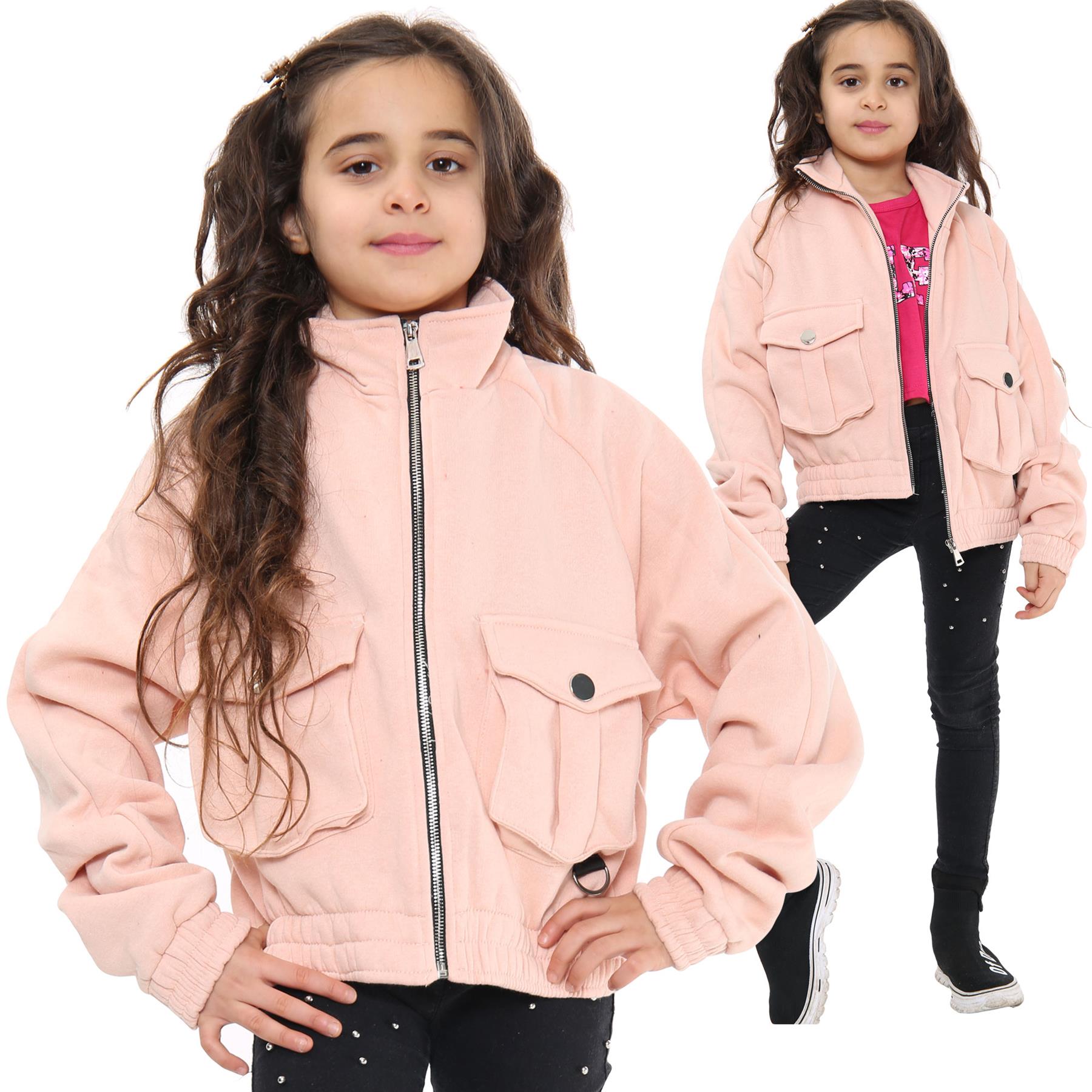 Kids Girls Plain Zip Up Cropped Jackets Utility Pockets Fleece Collared Coats