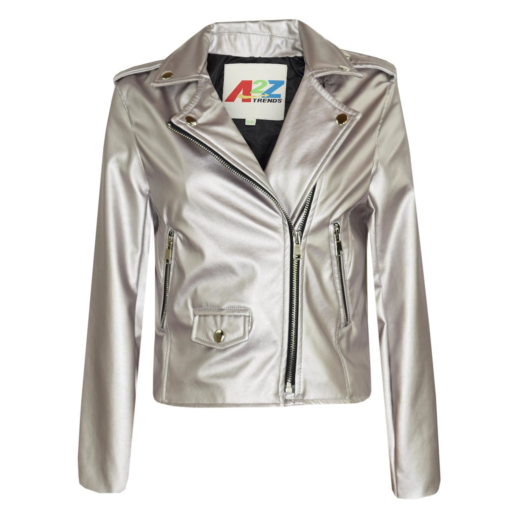 Kids Girls Silver Jackets PU Leather Zip Up Biker Coat Overcoats