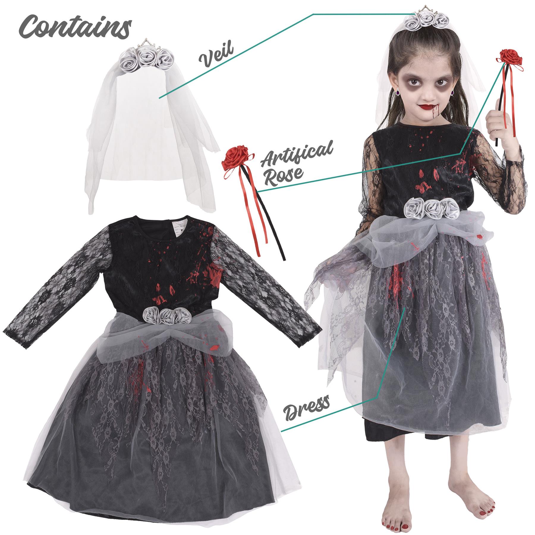 Kids Girls Zombie Bride Halloween Fancy Dress Spooky Costume Bloody Corps Gown