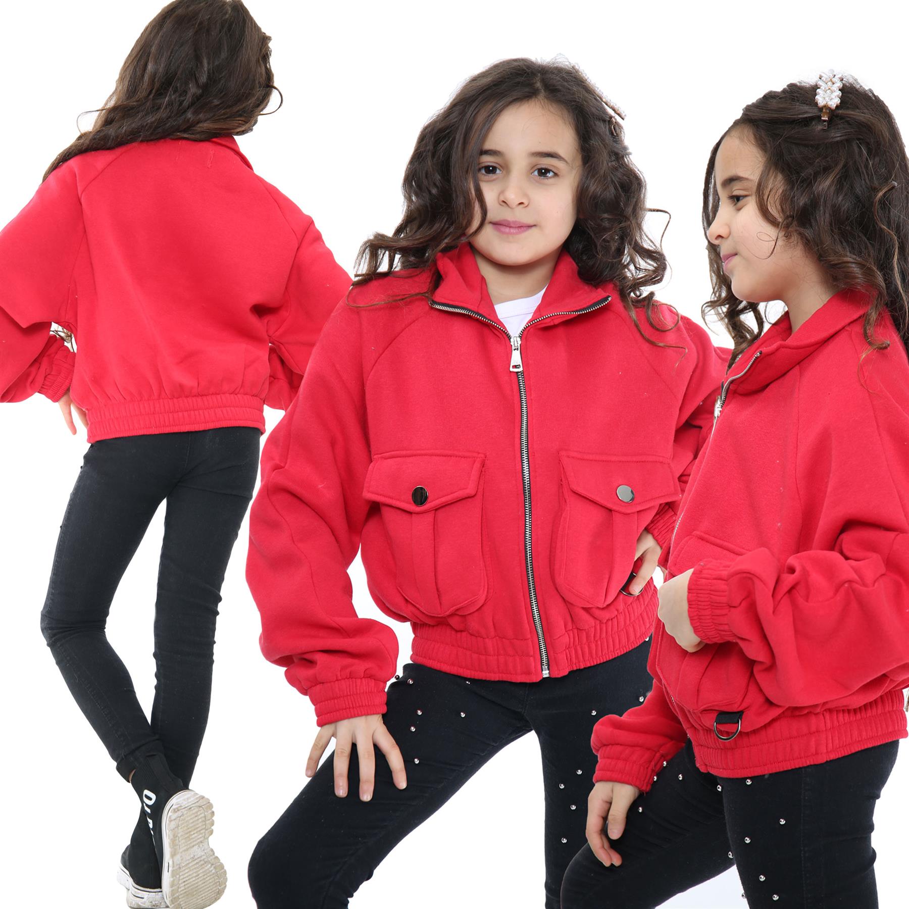 Kids Girls Plain Zip Up Cropped Jackets Utility Pockets Fleece Collared Coats