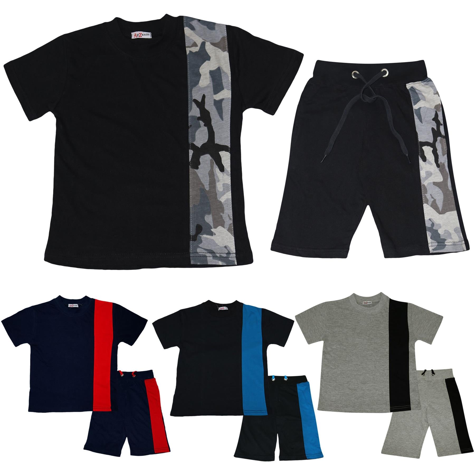 Kids Boys T Shirt Shorts 100% Cotton Contrast Panel Top Summer Short Set 5-13 Yr
