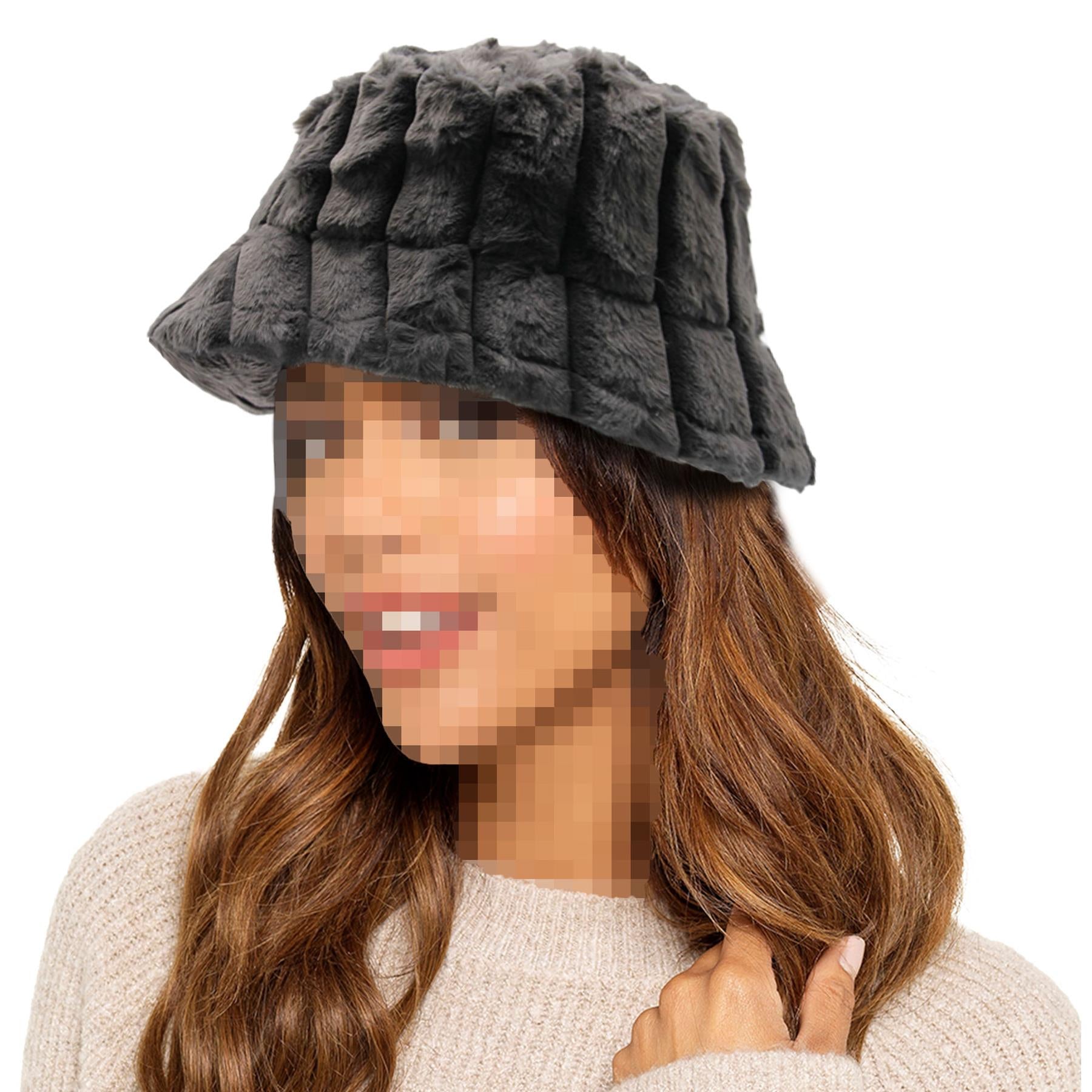 Ladies Bucket Hats Winter Warm Fluffy Stripe Faux Fur Soft Plush Fisherman Cap