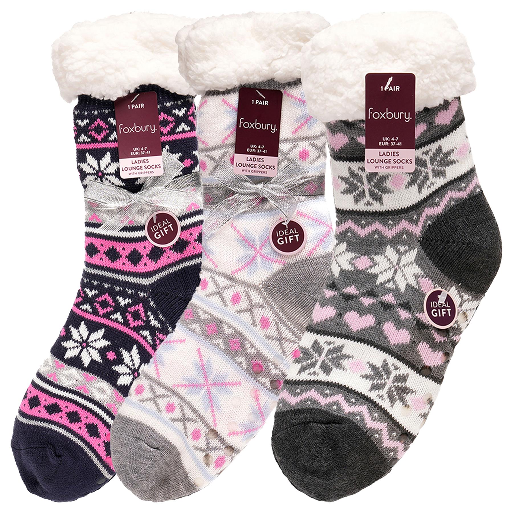 A2Z Ladies Fairisle Lounge Socks With Sherpa Lining Gripper Anti Slip Women Sock