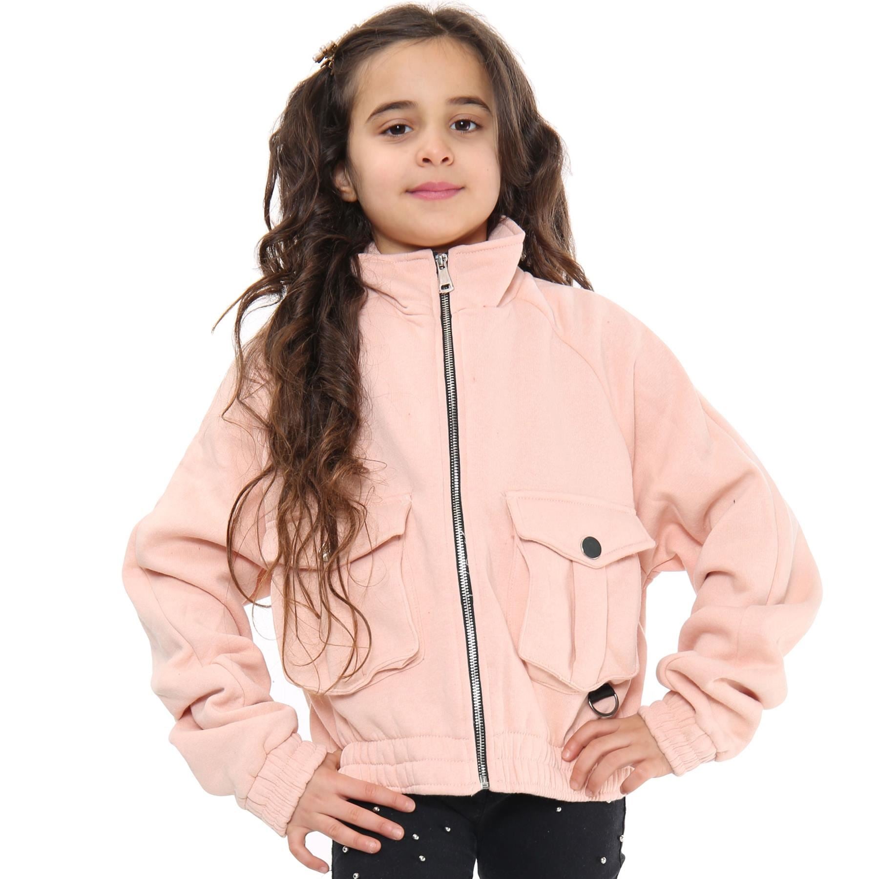 Kids Girls Plain Zip Up Cropped Blush Jackets Utility Pockets Fleece Coats 7-13Y