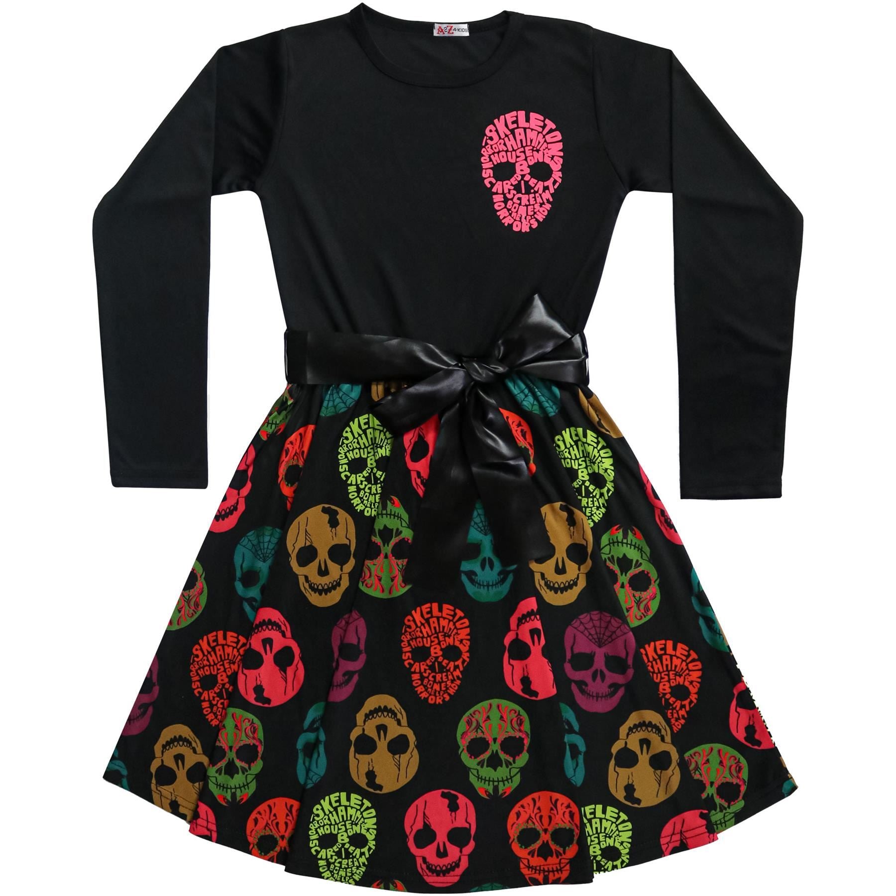 Girls Multi Colors Skull Print Halloween Skater Dress