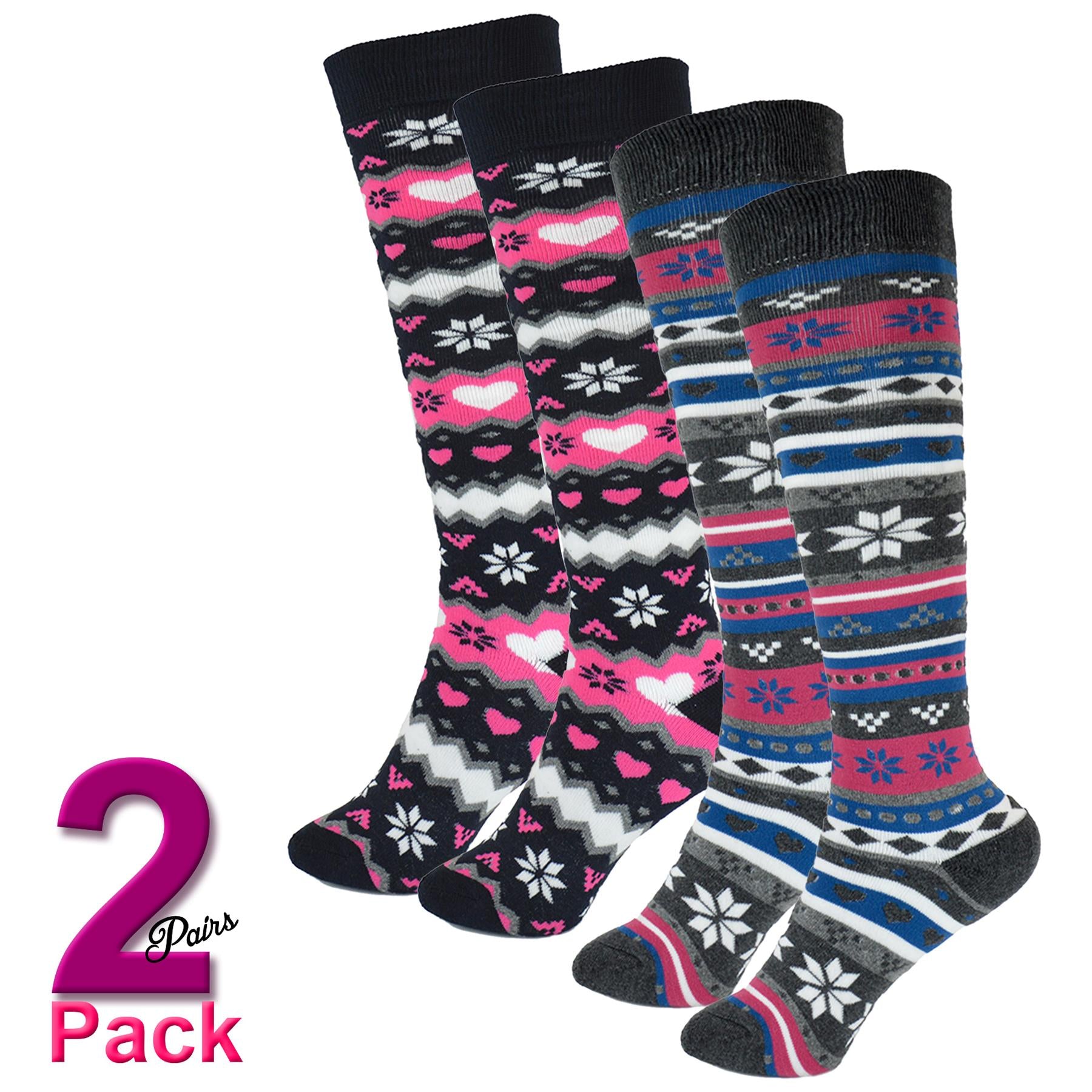 Ladies 2 Pack Fairisle Knee High Socks Novelty Sock Snowflake Welly Boot Socks