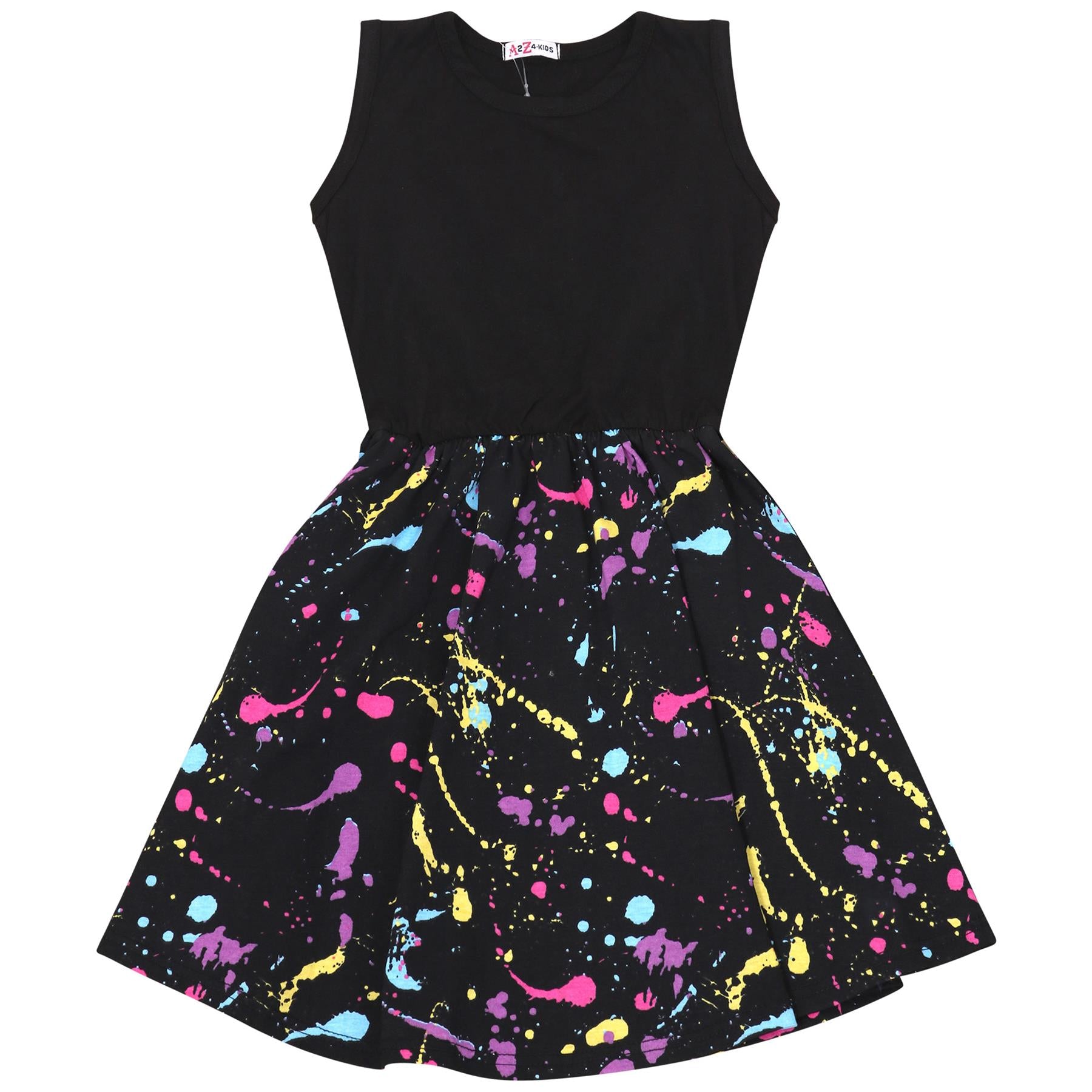 Kids Girls Panel Skater Dress Pastel Splash Print Fashion Party Dance Dresses