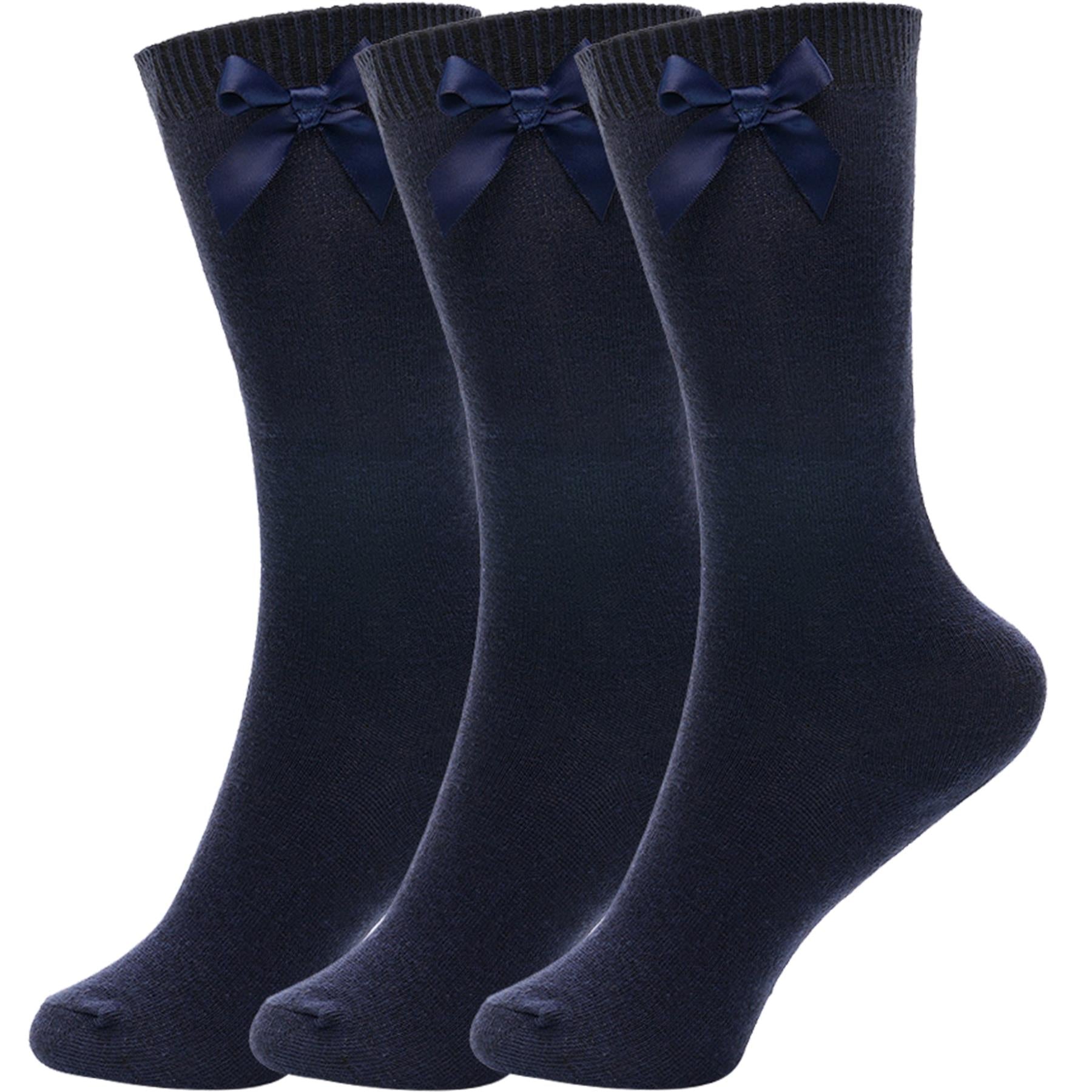 Kids Girls Plain Knee High Socks With Ribbon Bow Pack of 3 School Cotton Socks