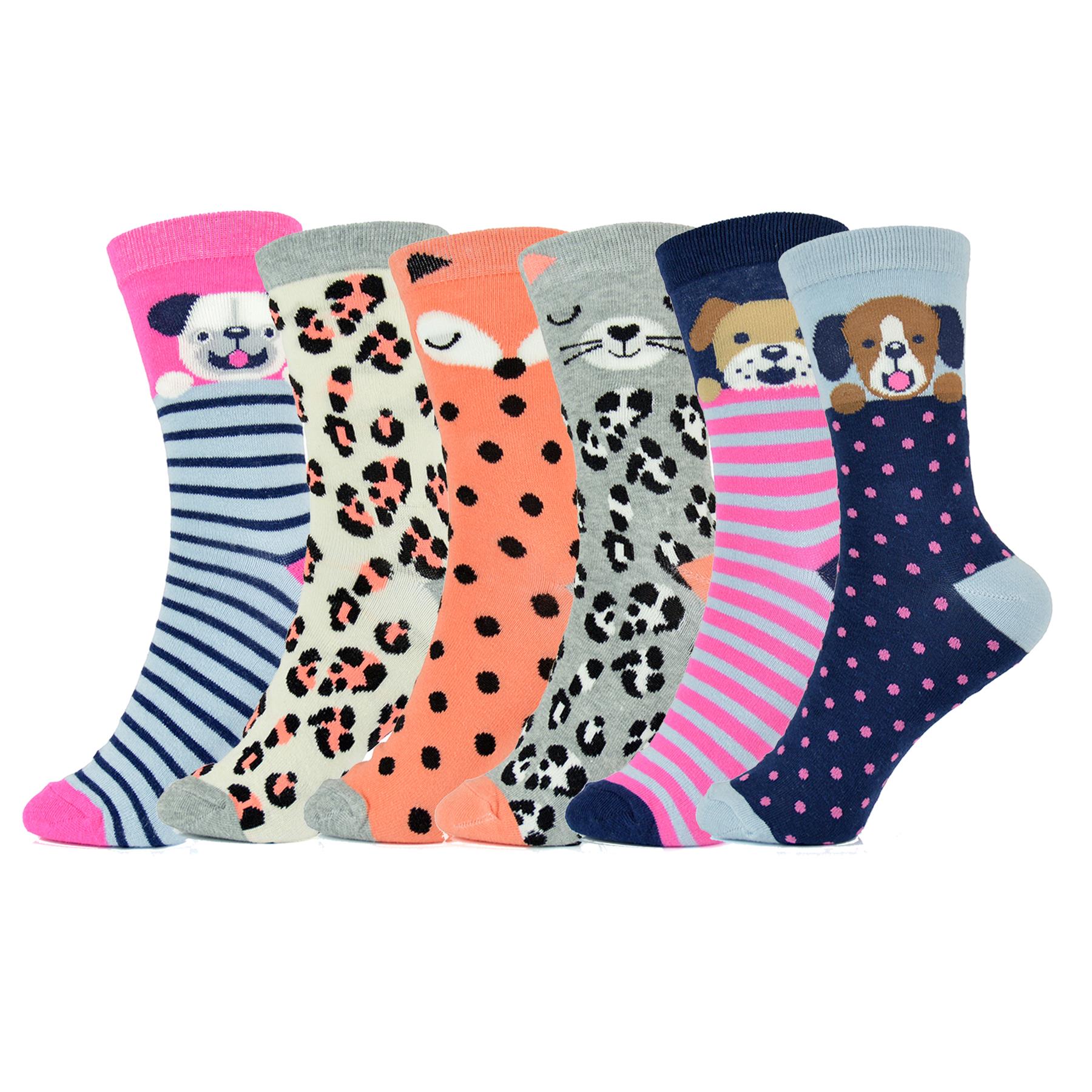 Ladies Leopard Dog Cat Designed Mid Calf Socks Pack of 6 Cotton Rich Striped Socks