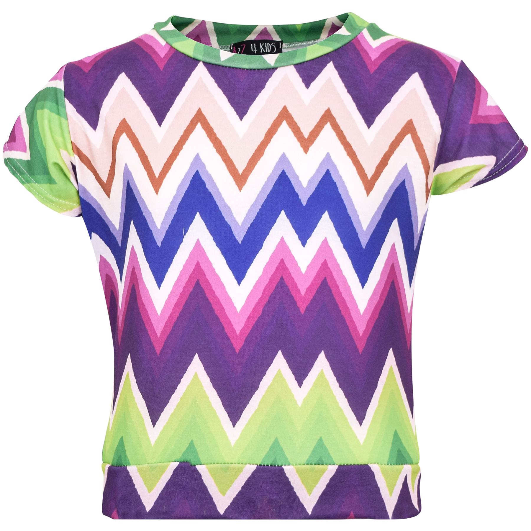 Girls Top Kids Short Sleeves Crop Top Chevron Print T Shirt Top & Shorts Set