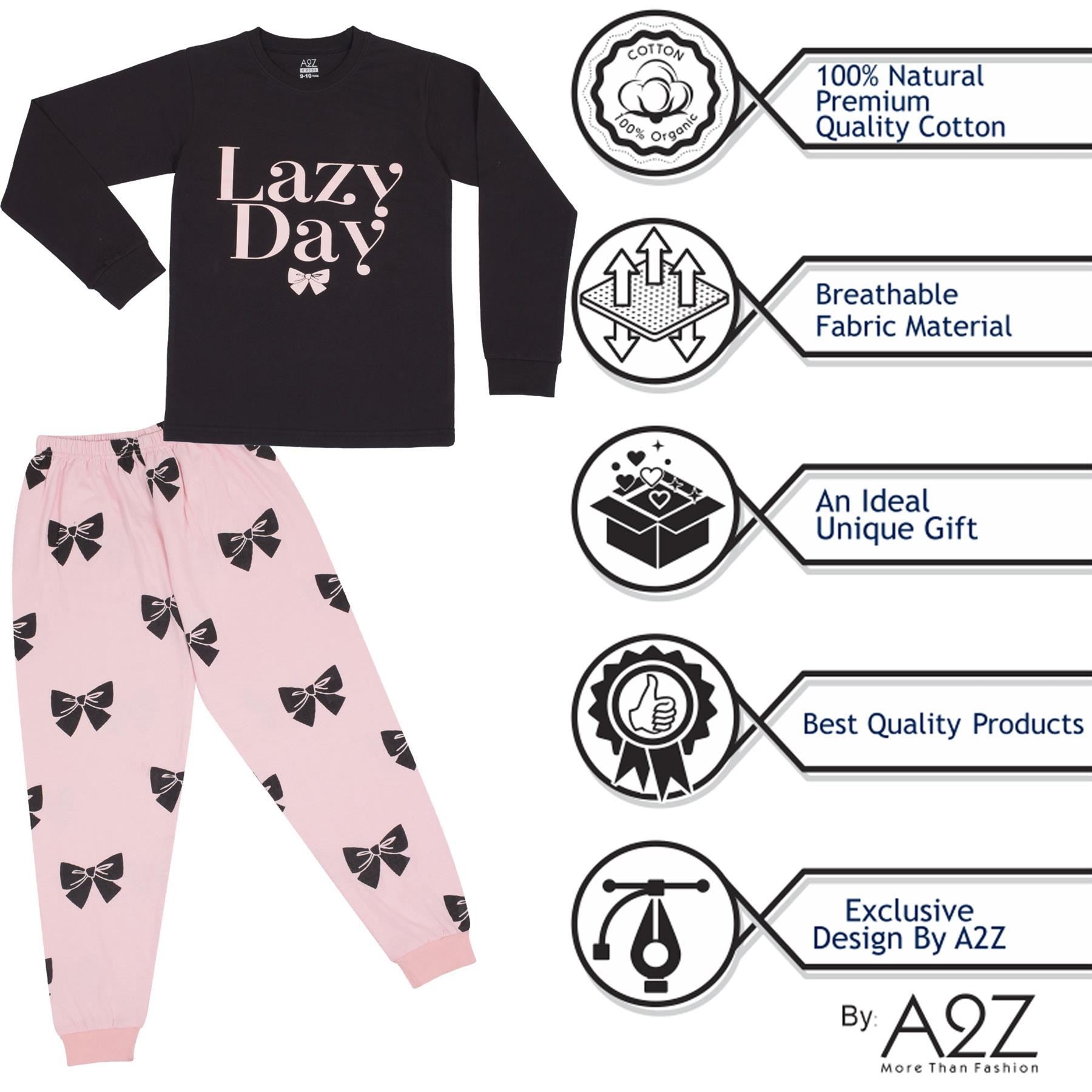 Kids Girls Pyjamas Lazy Day Print Black Lounge Suit Set