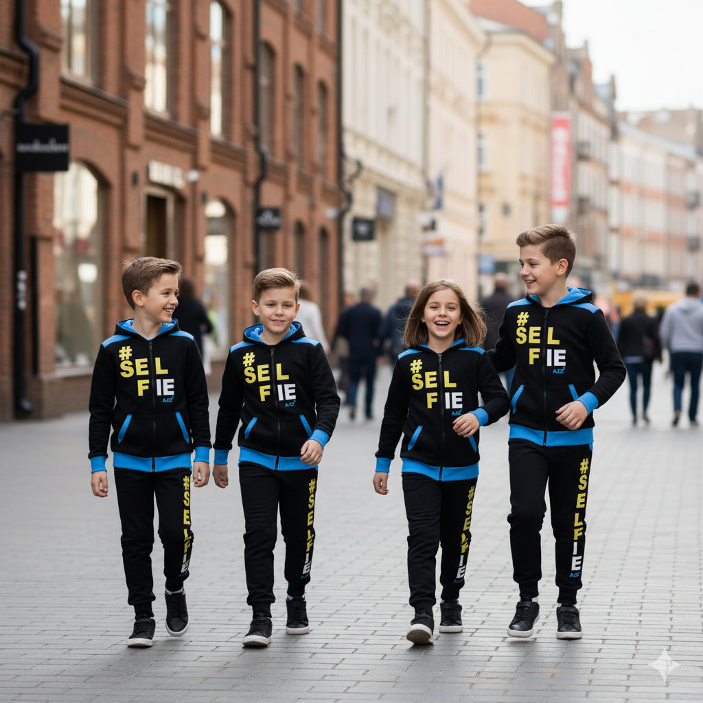 A2Z 4 Kids Girls Boys #SELFIE Tracksuit Hoodie & Joggers Outfit Set Top Bottom