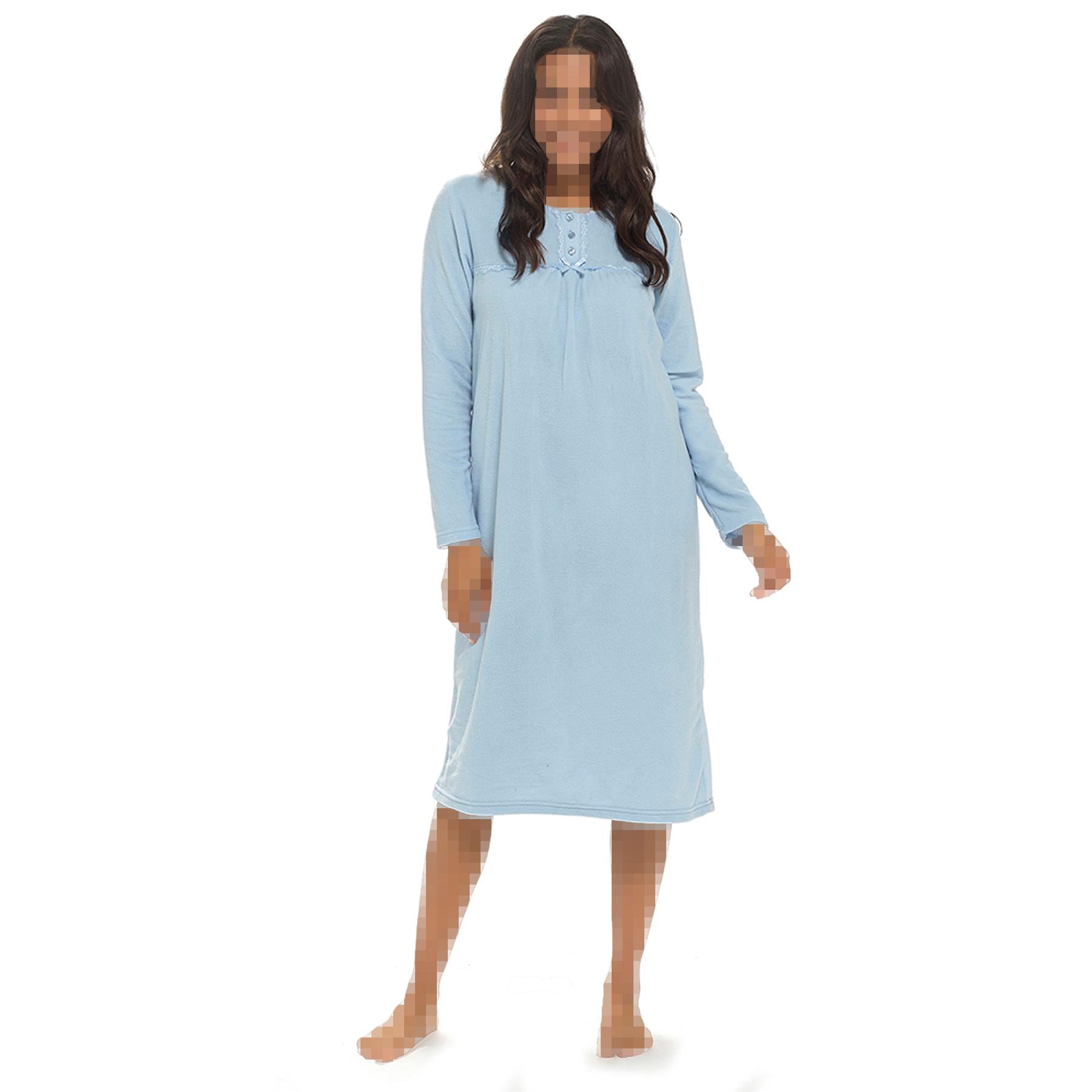 Ladies Nightie Polar Fleece Womens Nightgown Soft Feel Button Placket Sleepwear