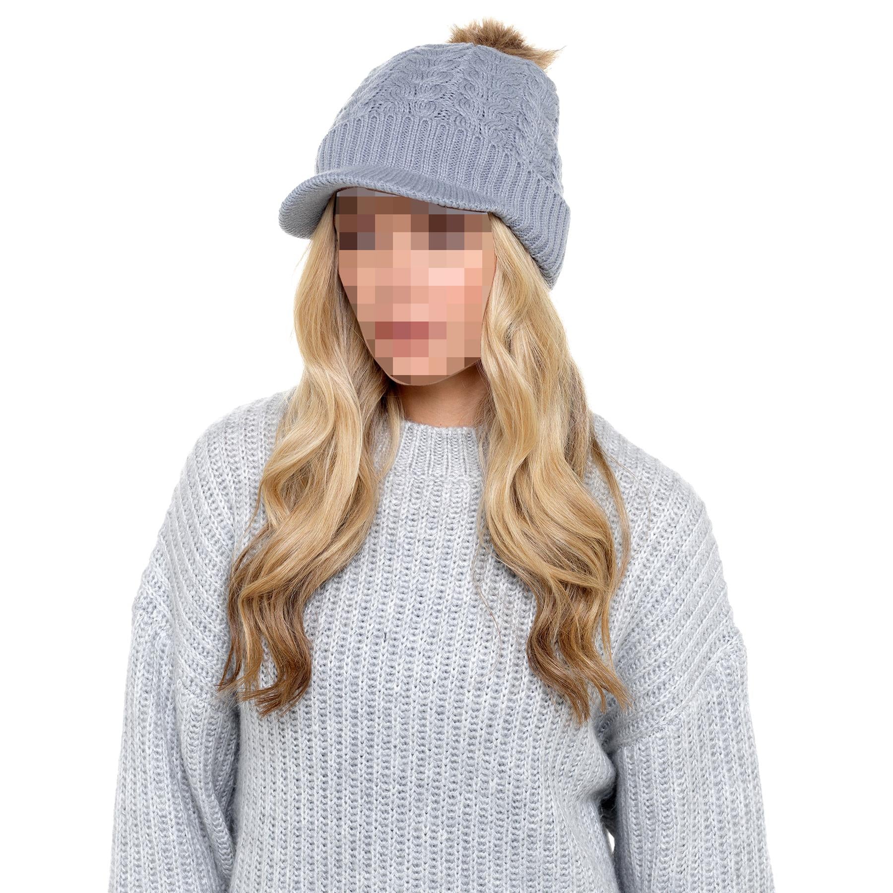 A2Z Ladies Hat Cable Knit Peaked Sherpa Detachable Pom Pom Winter Warm Cozy Caps