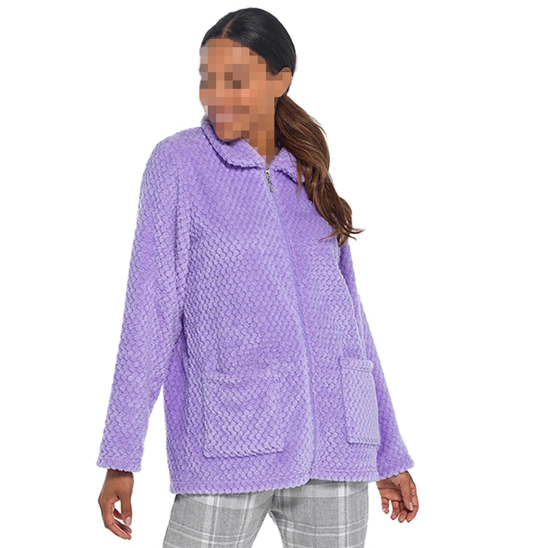 Ladies Bed Jacket Soft Winter Waffle Fleece Zip Up Warm Housecoat With Pocket