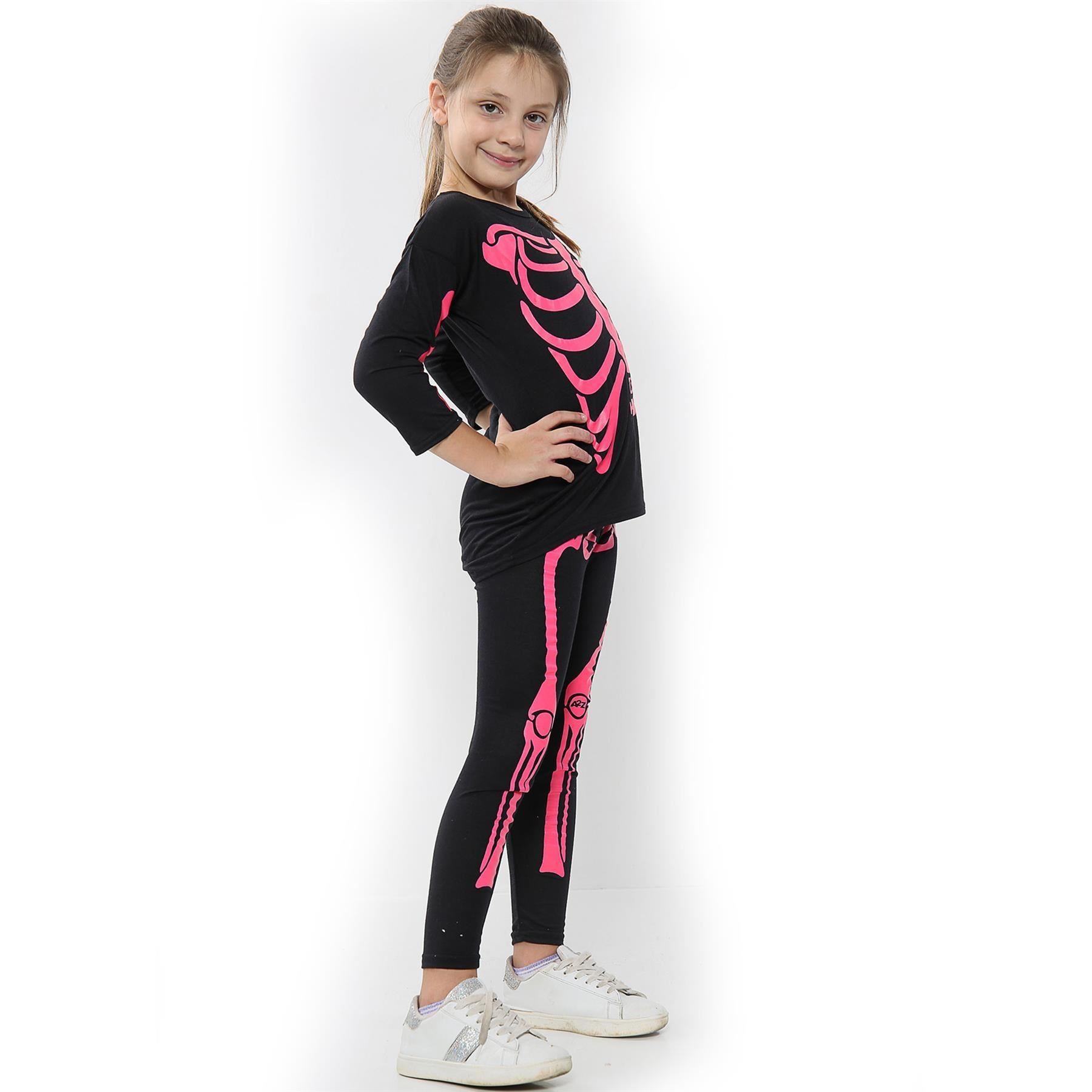 Kids Girls Skeleton Print Neon Pink Halloween Costume Set