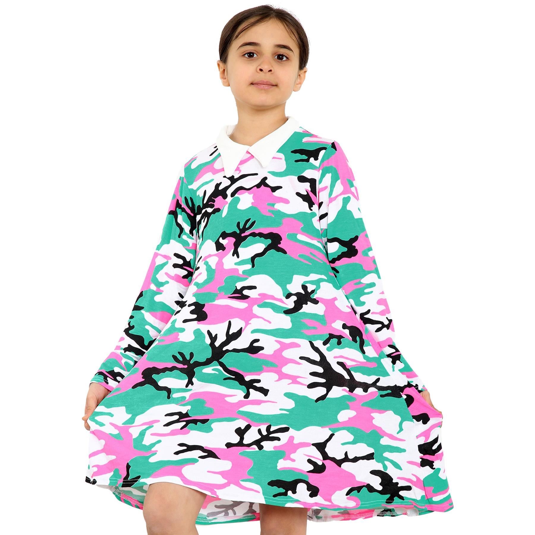 Kids Girls Swing Dress Peter Pan Collar Camouflage & Polka Dot Print Flared Skater Dresses