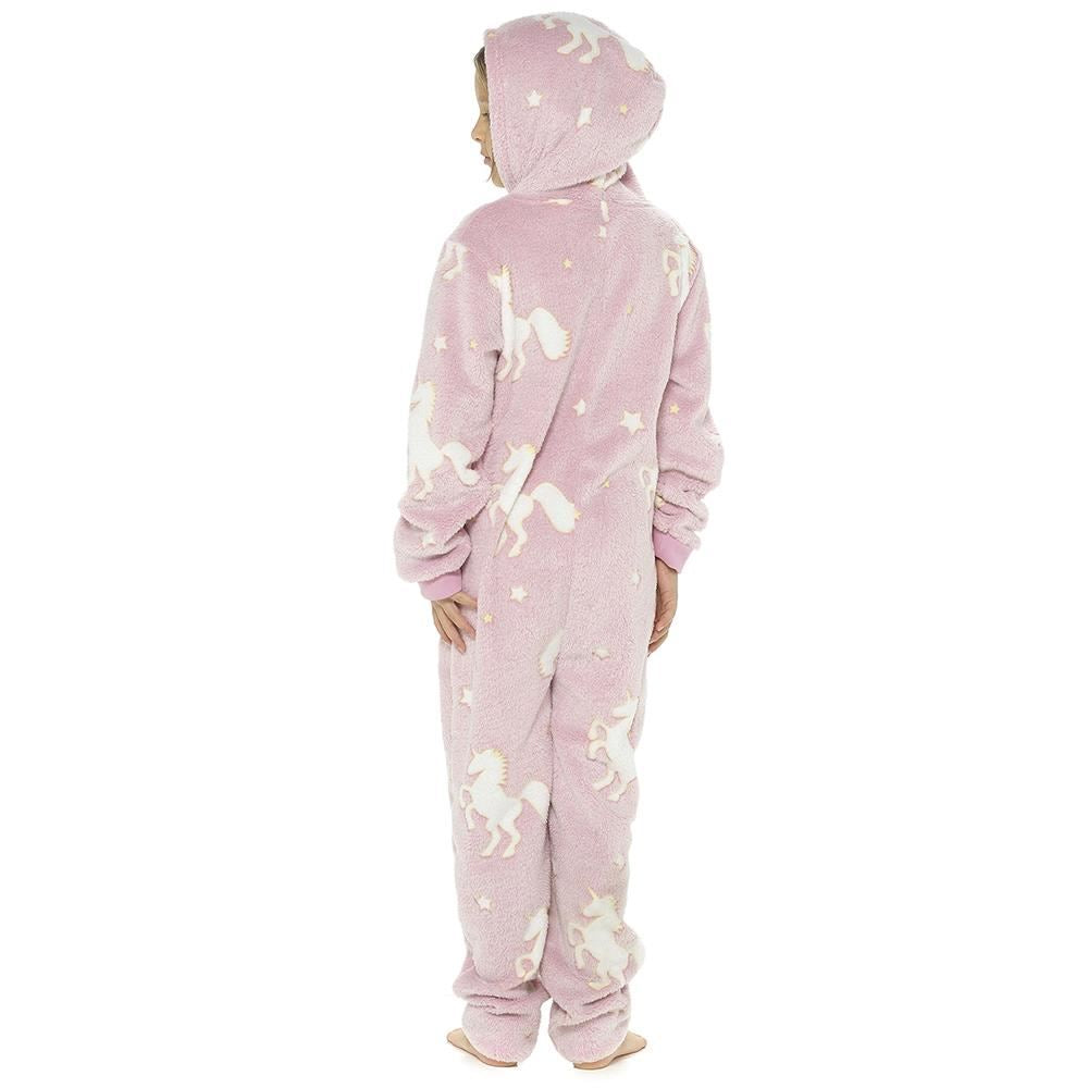 Kids Girls Boys Glow In The Dark Soft Cosy Flannel Fleece Onesie Fluffy One Piece Sleepwear Pyjamas Loungewear