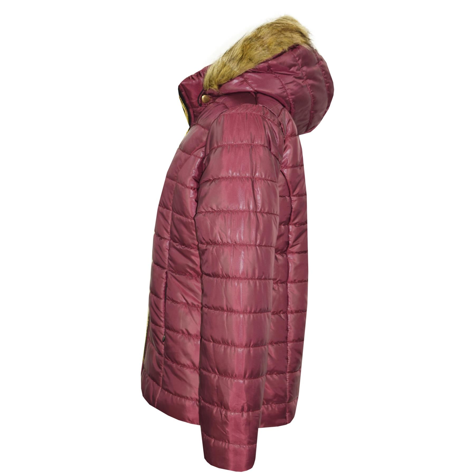 Kids Girls Jackets Wine Puffer Padded Quilted Detachable Hood Faux Fur Top Coats