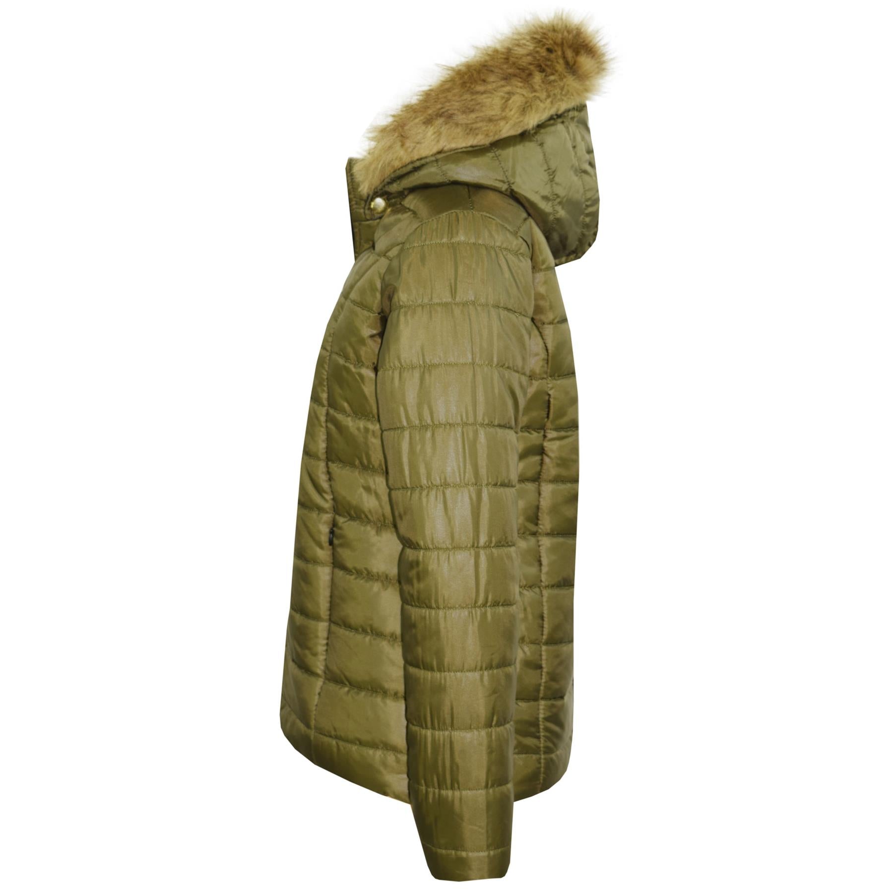 Kids Girls Jackets Olive Puffer Padded Quilted Detachable Hood Faux Fur Top Coat