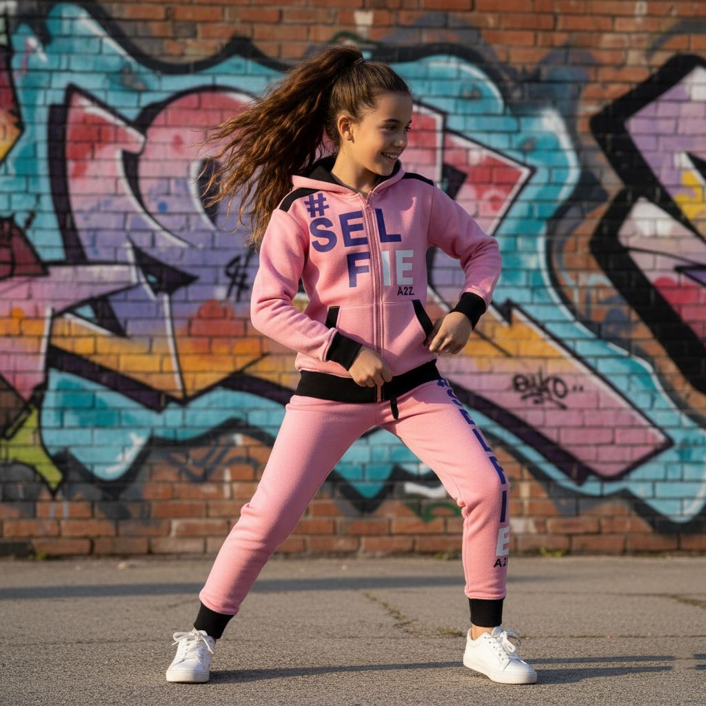 A2Z 4 Kids Girls Boys #SELFIE Tracksuit Hoodie & Joggers Outfit Set Top Bottom