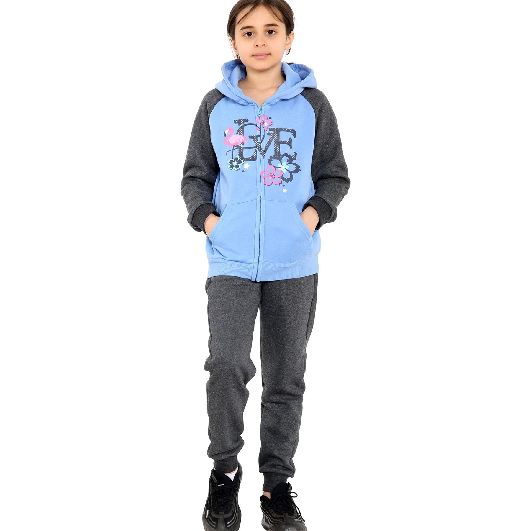 Kids Girls Love Print Hooded Zipper Hoodie & Bottom Jogging Suit