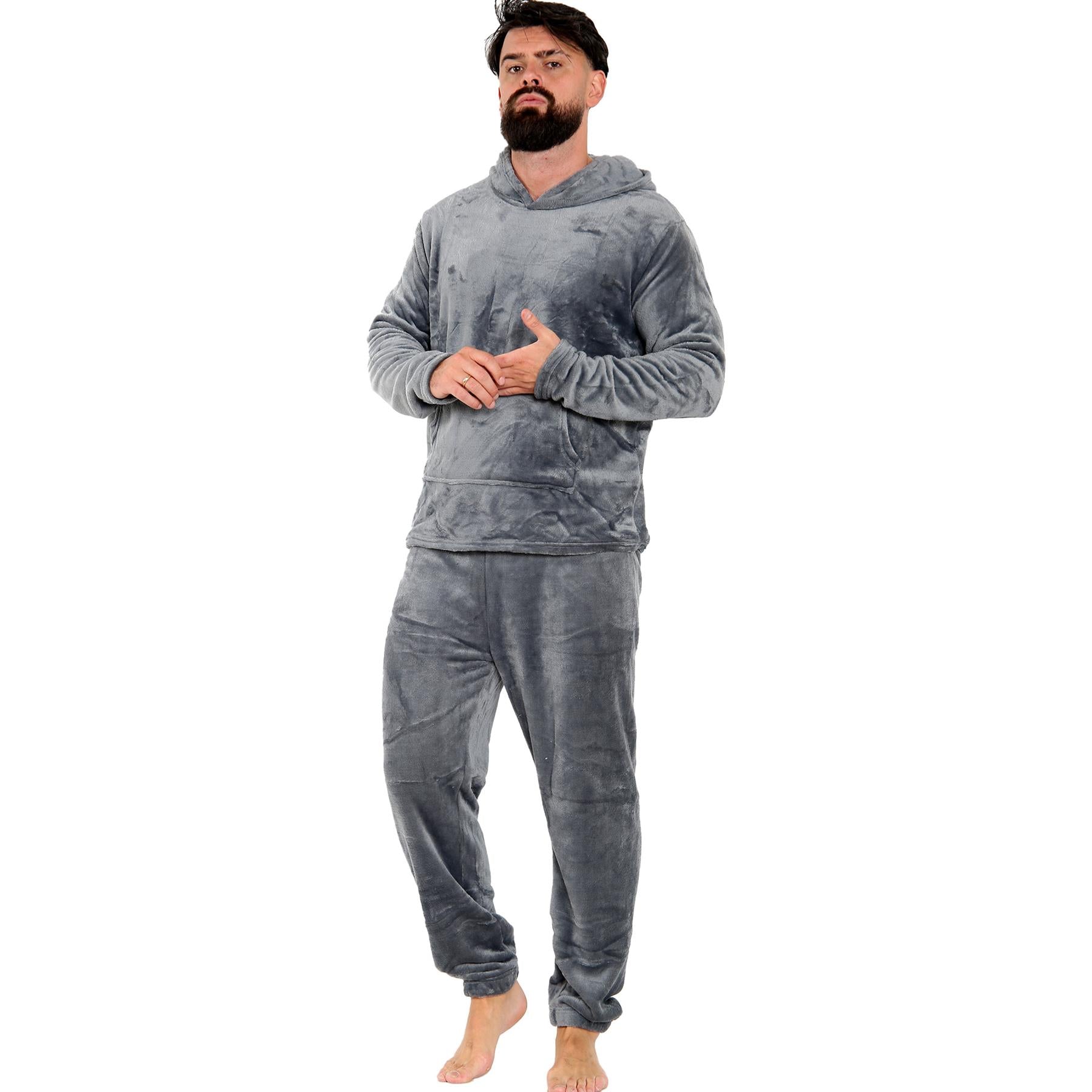 Mens Pyjamas Set Long Sleeve Hooded Plain Soft Fleece Pyjamas Set