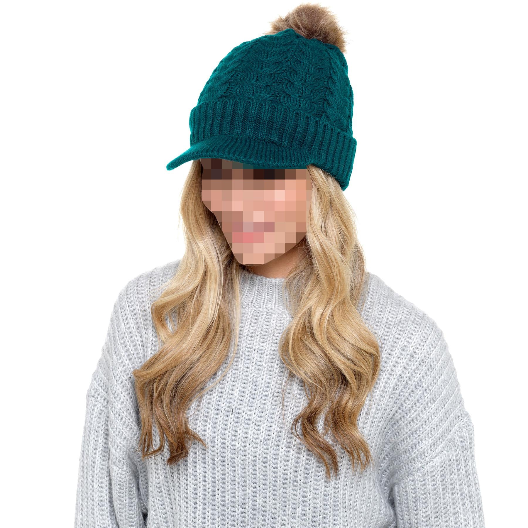 A2Z Ladies Hat Cable Knit Peaked Sherpa Detachable Pom Pom Winter Warm Cozy Caps