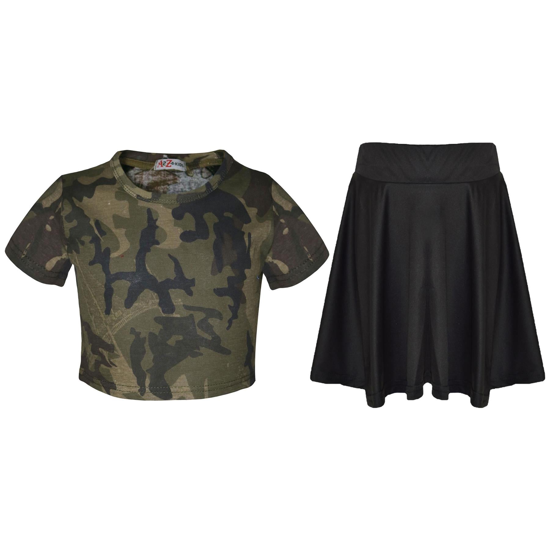 Kids Girls Camouflage Print Crop Top & Skater Skirt Summer Wear Outfit Set