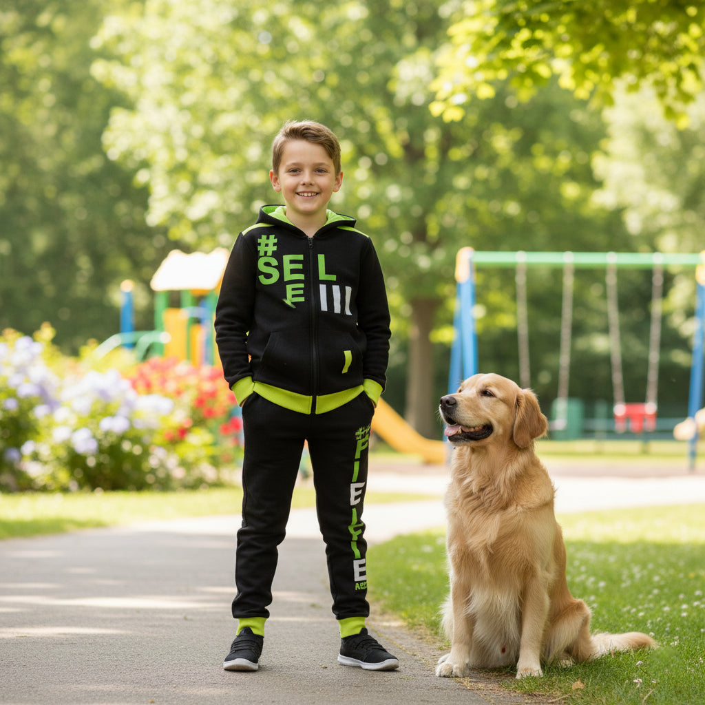 A2Z 4 Kids Girls Boys #SELFIE Tracksuit Hoodie & Joggers Outfit Set Top Bottom