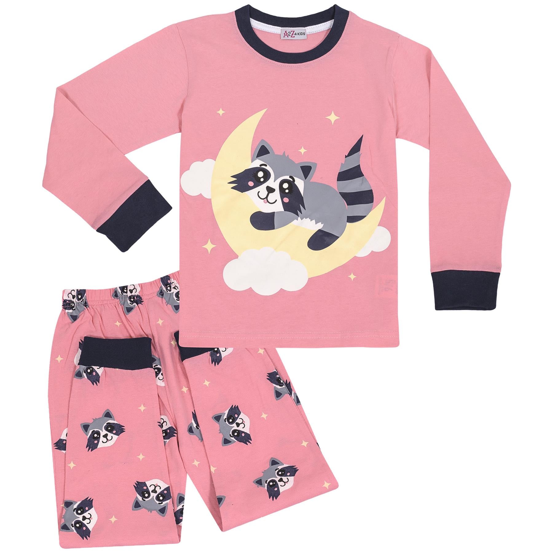 Kids Girls Pyjamas Moon & Raccoon Print Baby Pink Lounge Suit Set