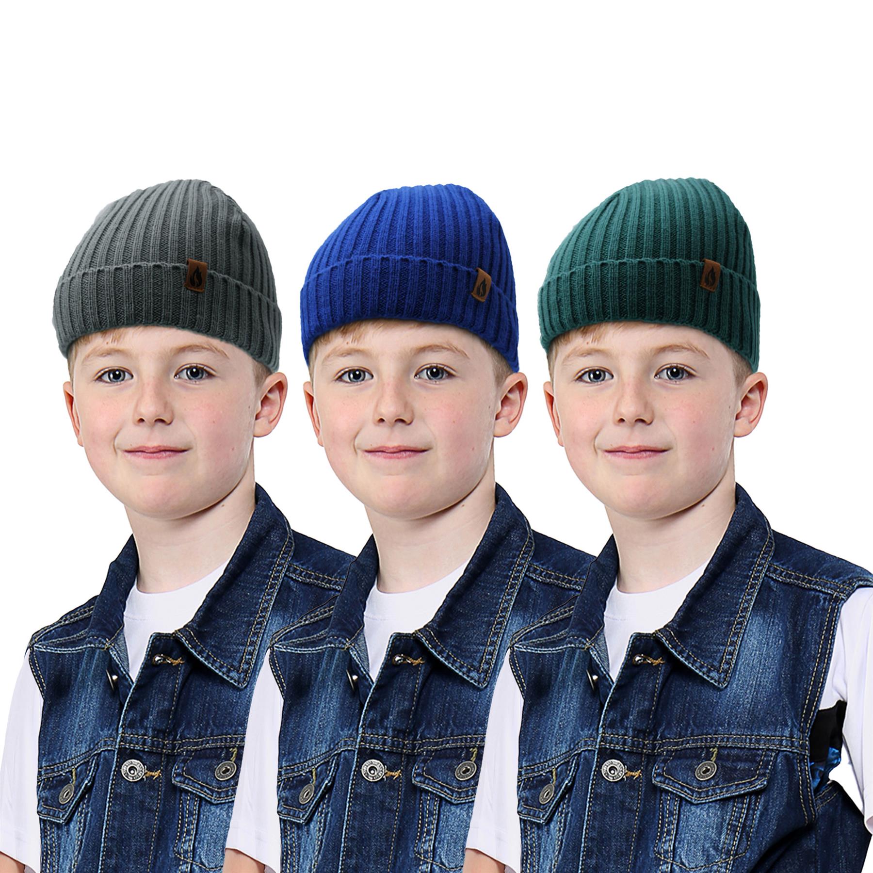 Kids Boys Hat 3 Pack Ribbed Winter Warm Cosy Fashionable Indoor Outdoor Hats