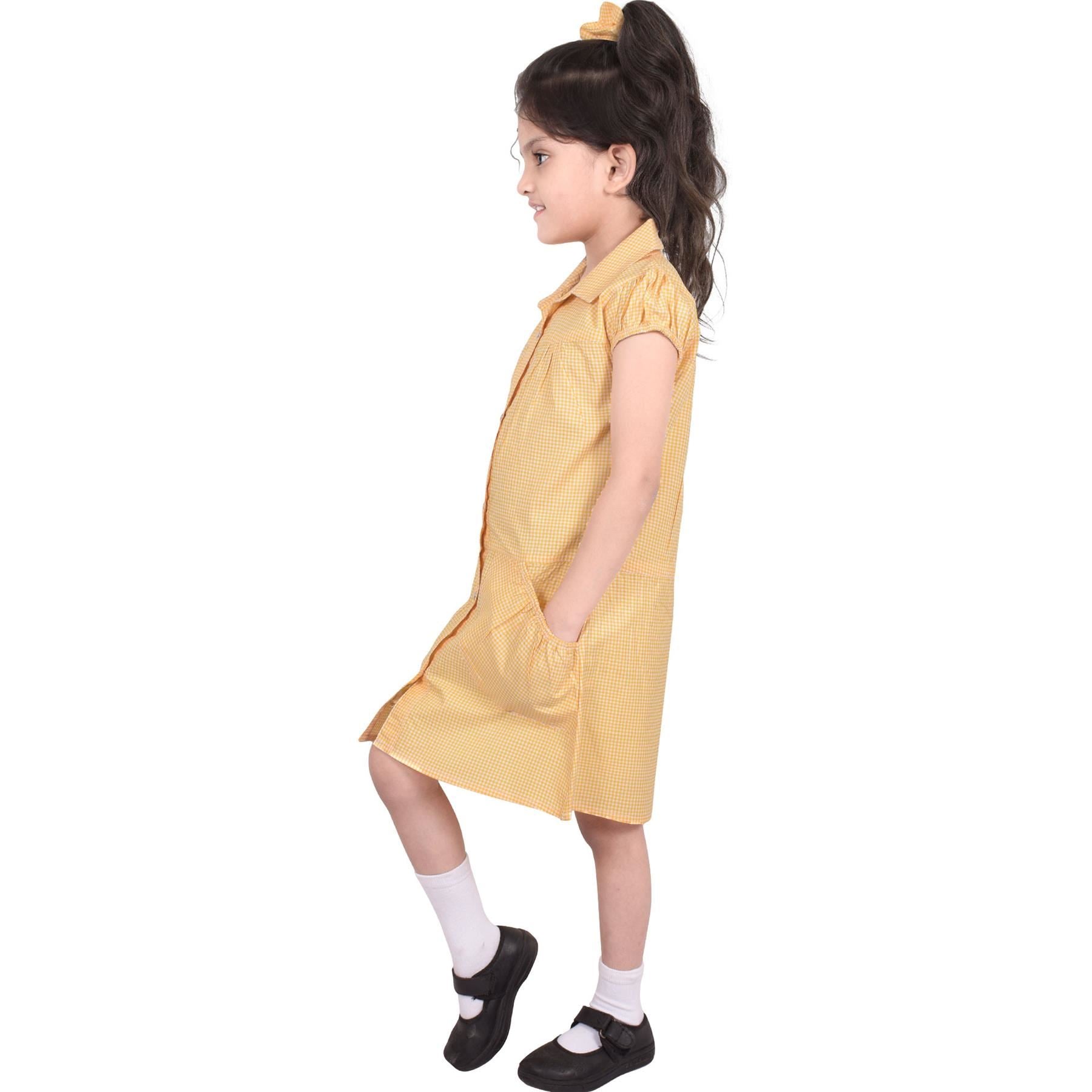 Girls Uniform School Dress Gingham Check Printed Dress With Matching Scrunchies