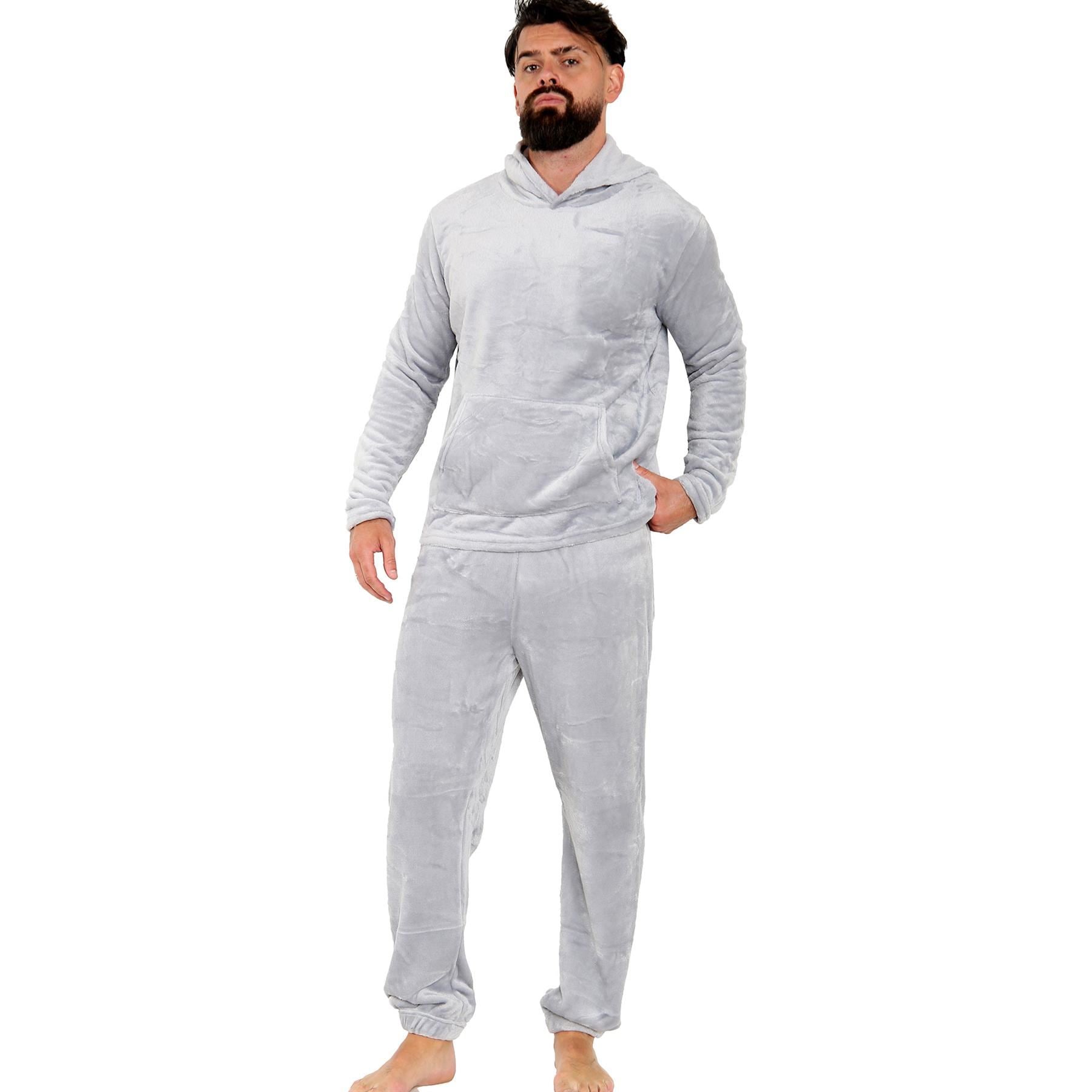 Mens Pyjamas Set Long Sleeve Hooded Plain Soft Fleece Pyjamas Set