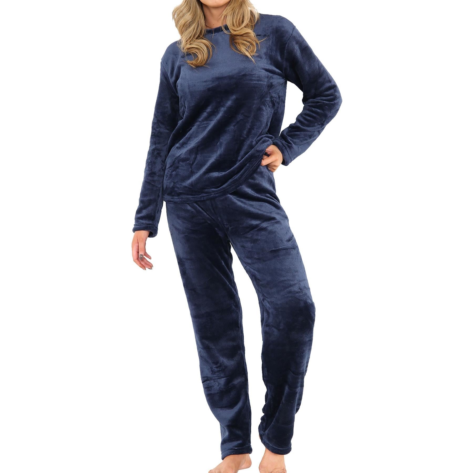 Ladies Pyjamas Soft Warm Fleece Adults Crew Neck Pyjamas 2 Piece Gift Set