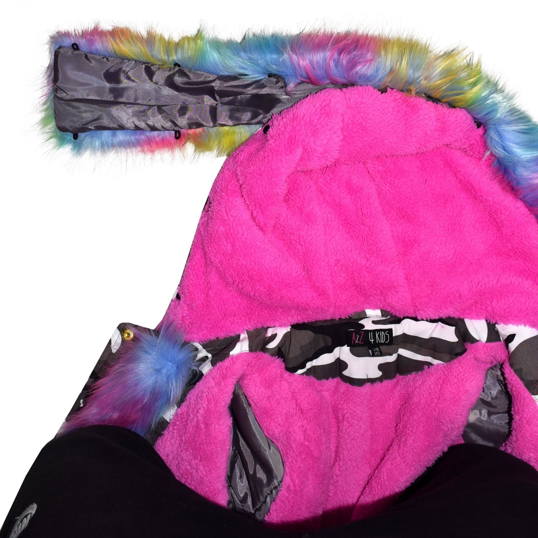 Kids Girls Hooded Jacket Rainbow Faux Fur Parka School Jackets Outerwear